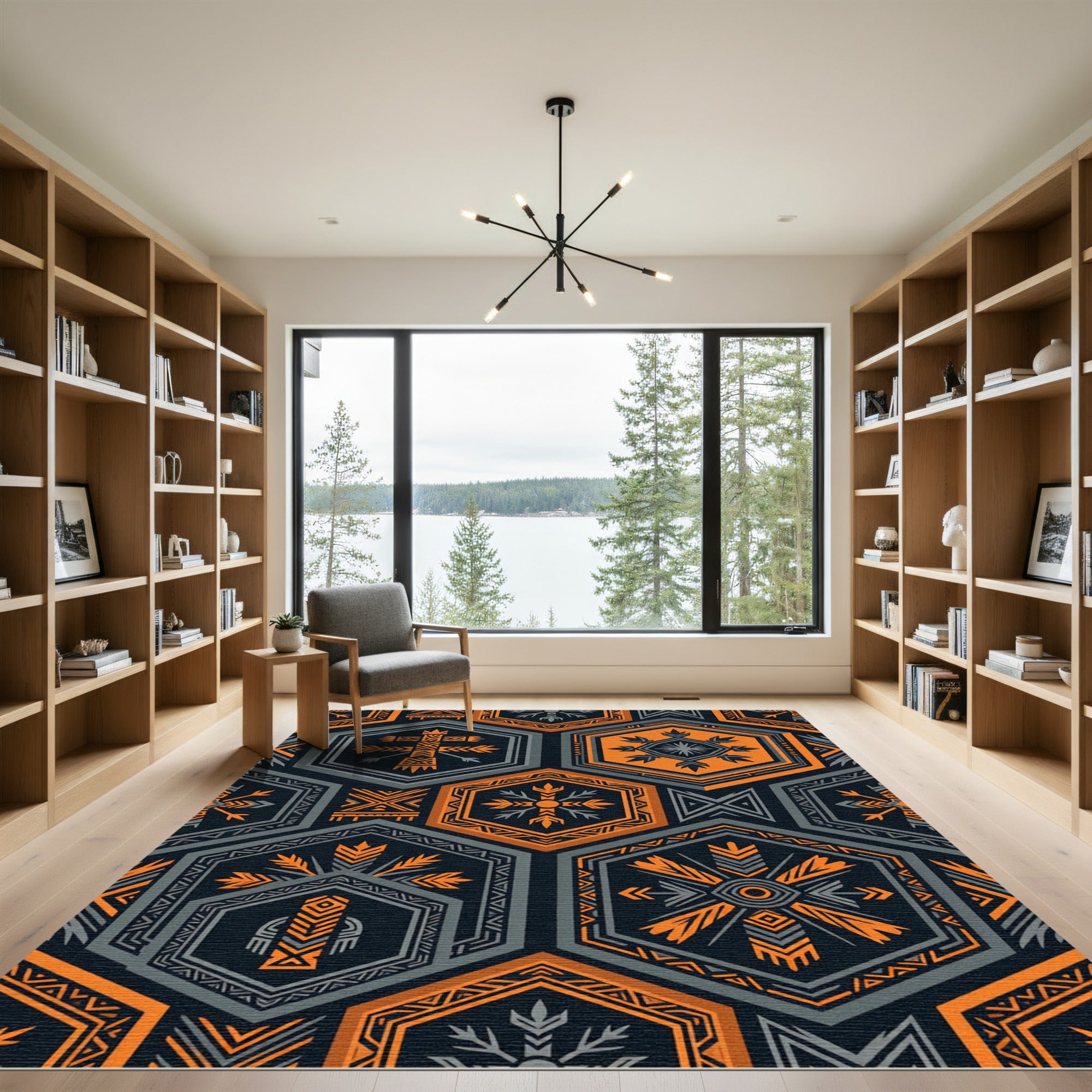 Bold Orange Grey Hexagonal Geometric Folklore Rug