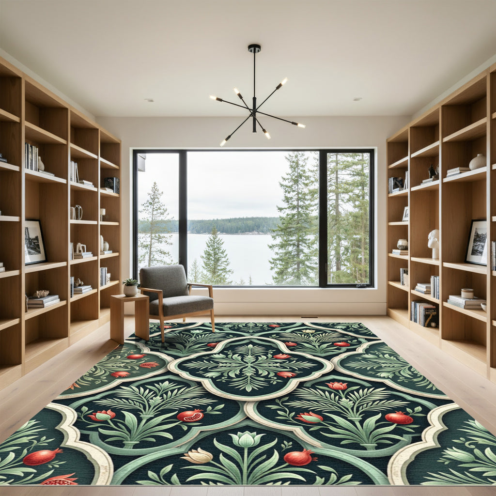 Emerald Pomegranate Floral Damask Art Rug