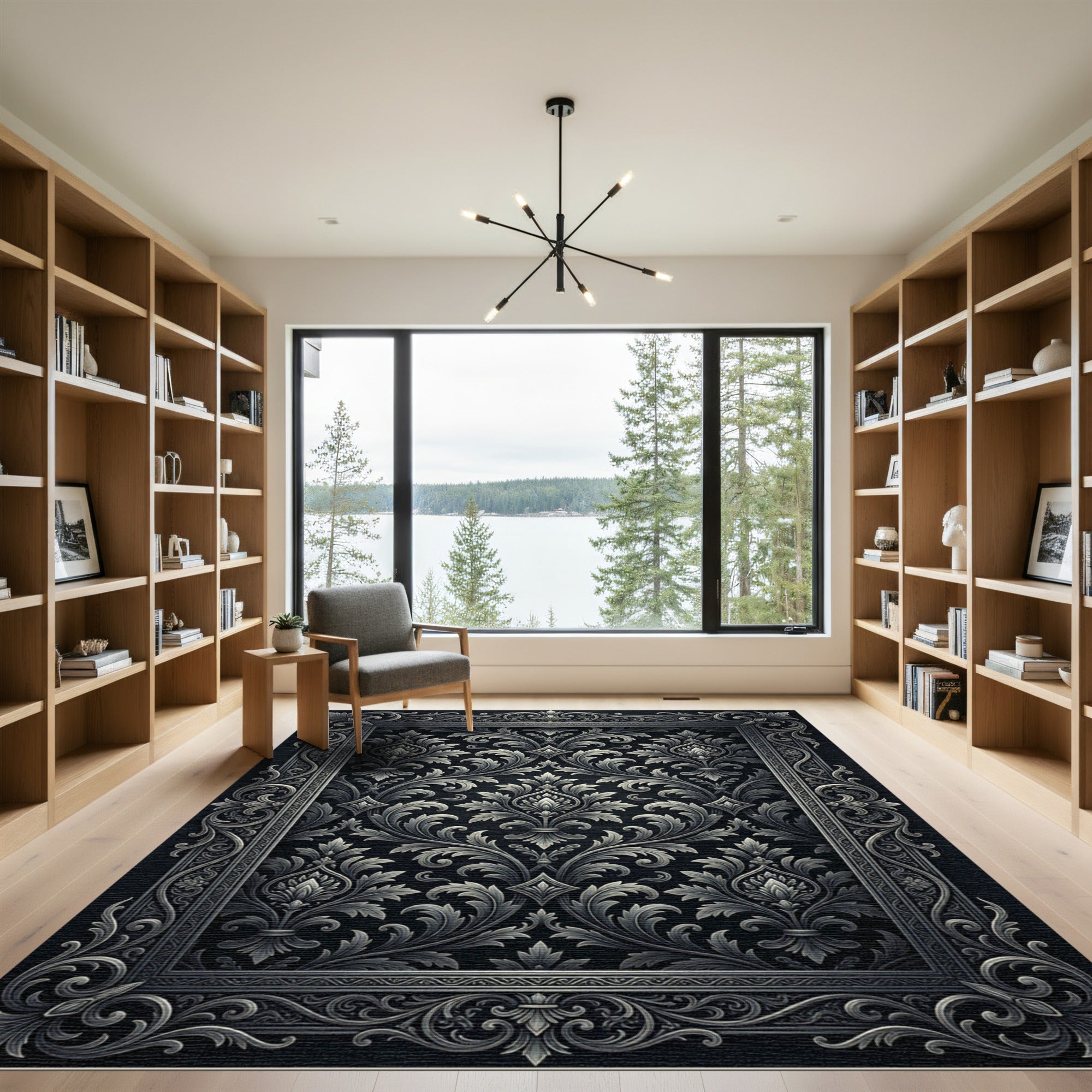 Dark Gray Ornate Scrollwork Medallion Rug