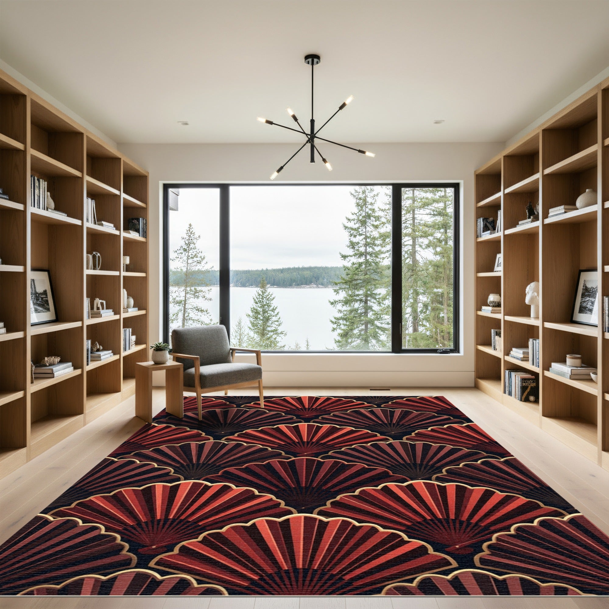 Art Deco Red Fan Pattern Rug