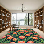 Coral Pink Tulip Garden Dark Background Rug