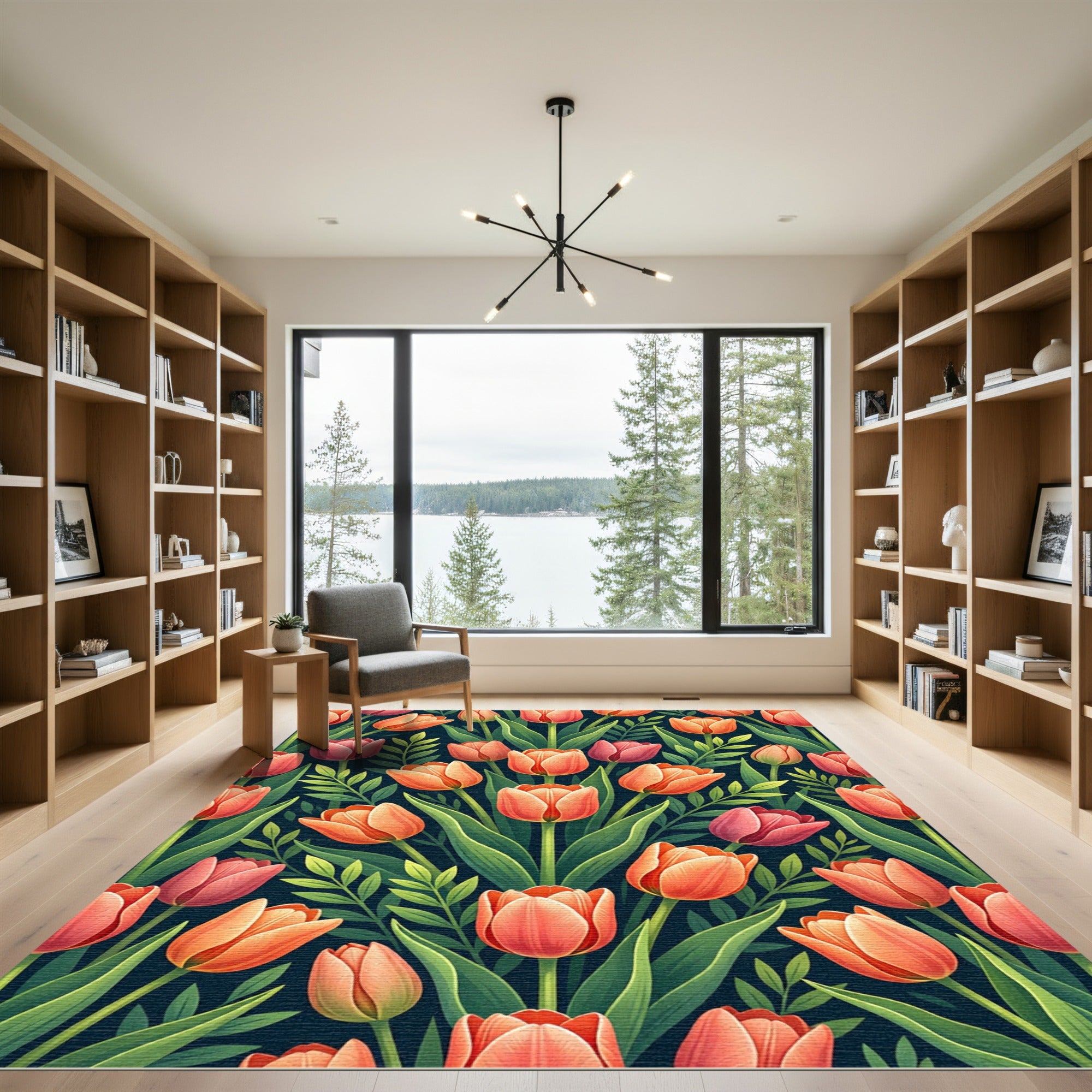 Coral Pink Tulip Garden Dark Background Rug
