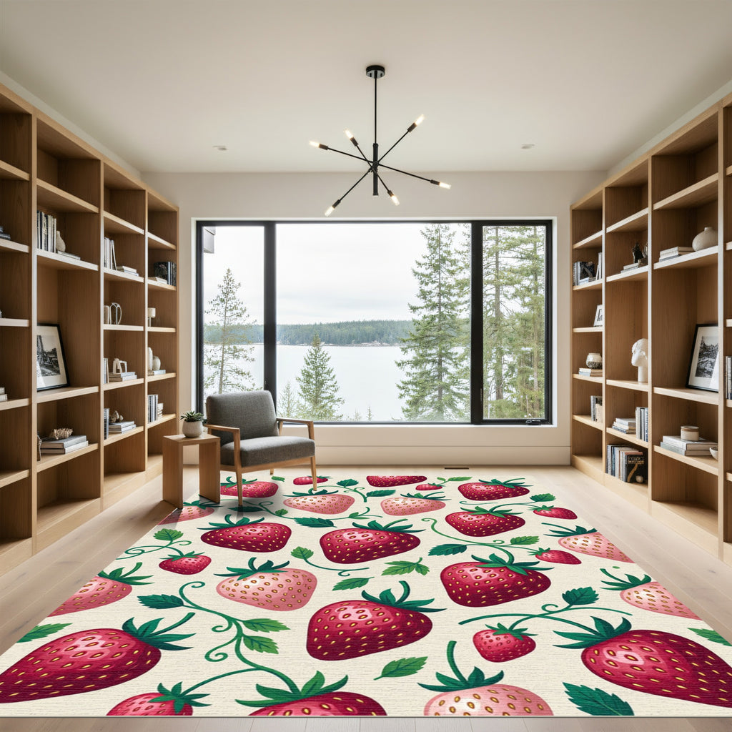 Vibrant Pink Strawberry Vine Pattern Rug