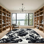 Dramatic Black Smoke Feather Swirls Rug