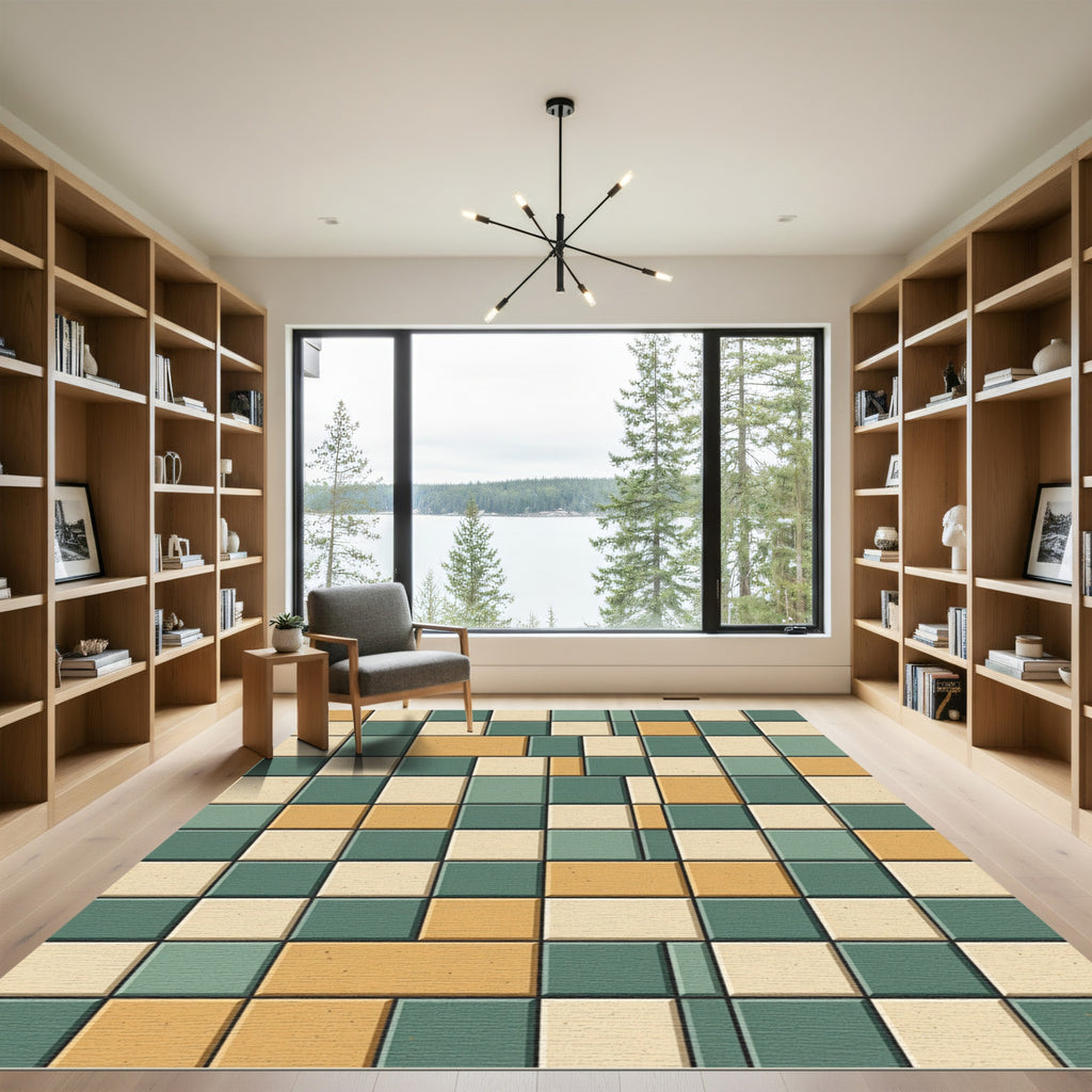 Midcentury Modern Sage and Ochre Tiling Rug