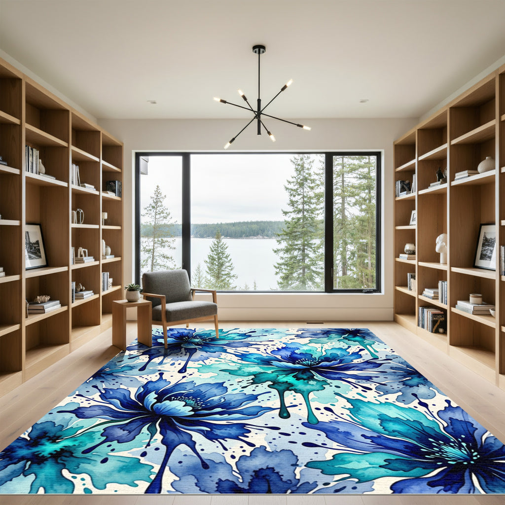 Abstract Indigo Floral Watercolor Wash Rug