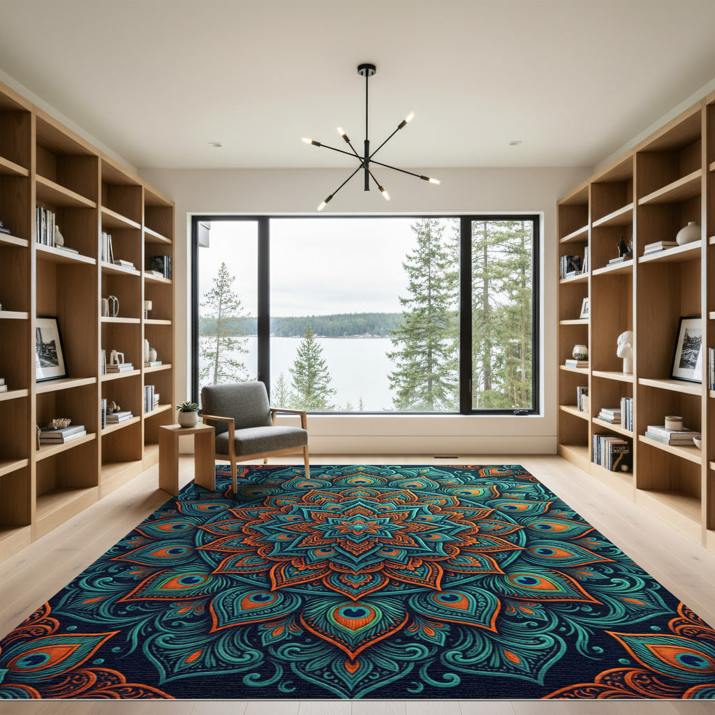 Teal and Orange Peacock Feather Mandala Rug