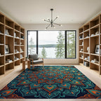 Teal and Orange Peacock Feather Mandala Rug
