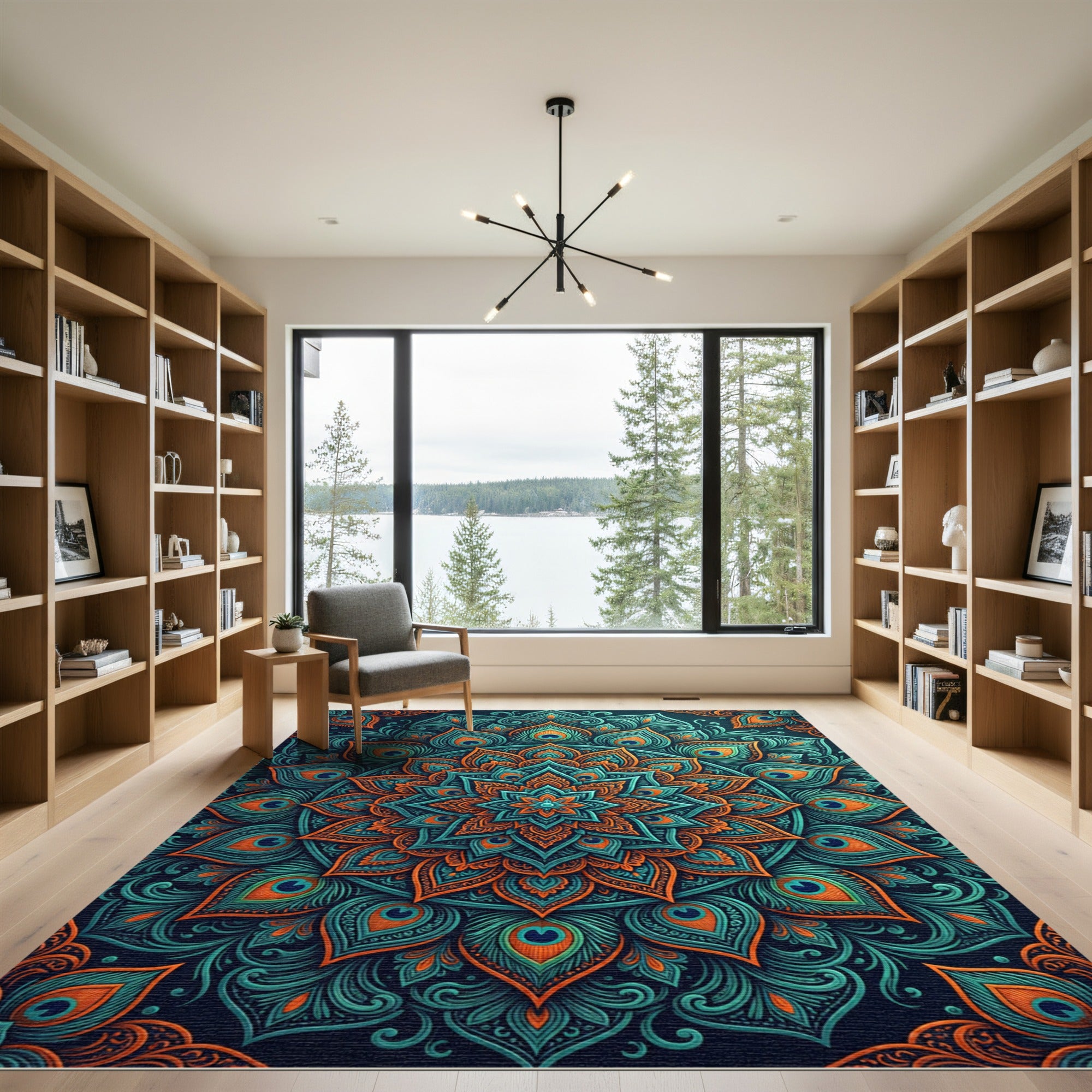 Teal and Orange Peacock Feather Mandala Rug
