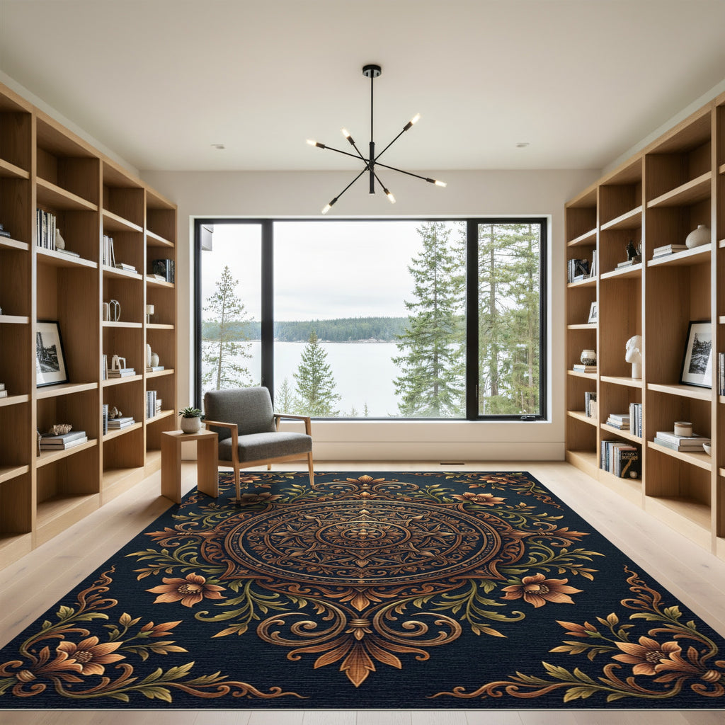 Ornate Golden Floral Mandala Navy Rug