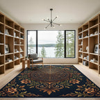 Ornate Golden Floral Mandala Navy Rug