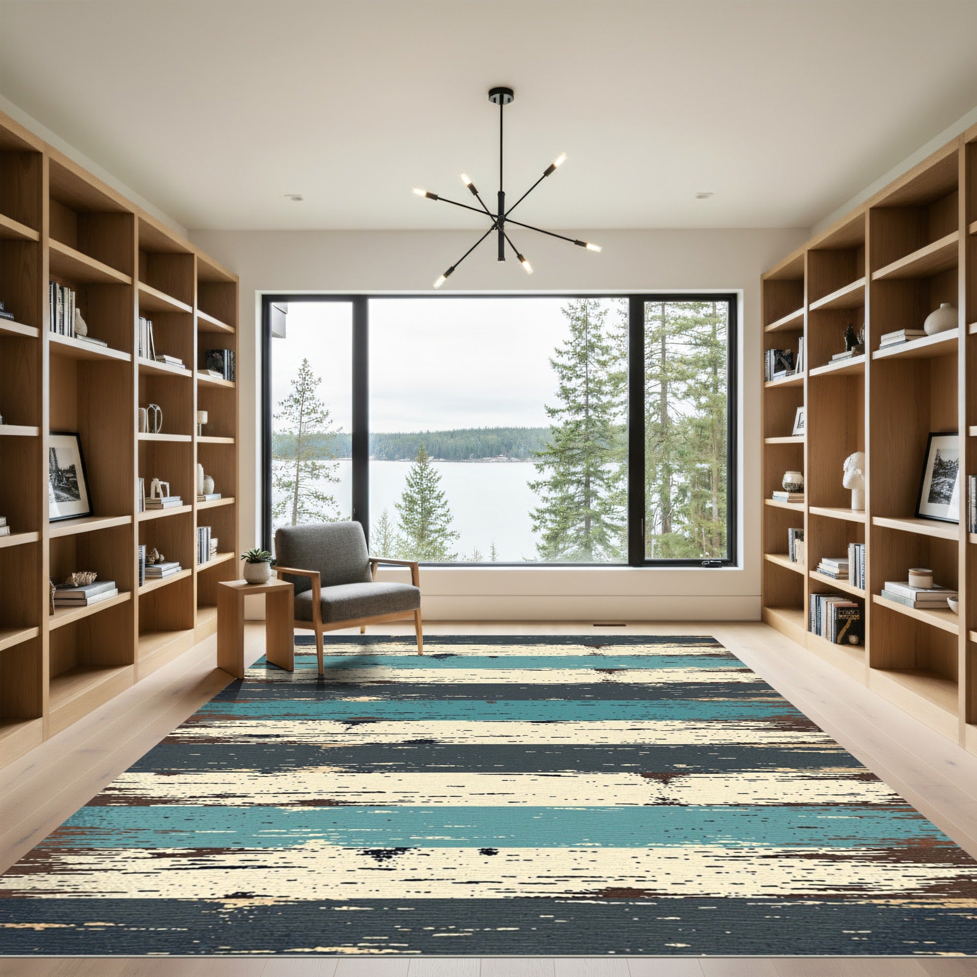Distressed Wood Plank Blue Taupe Rug