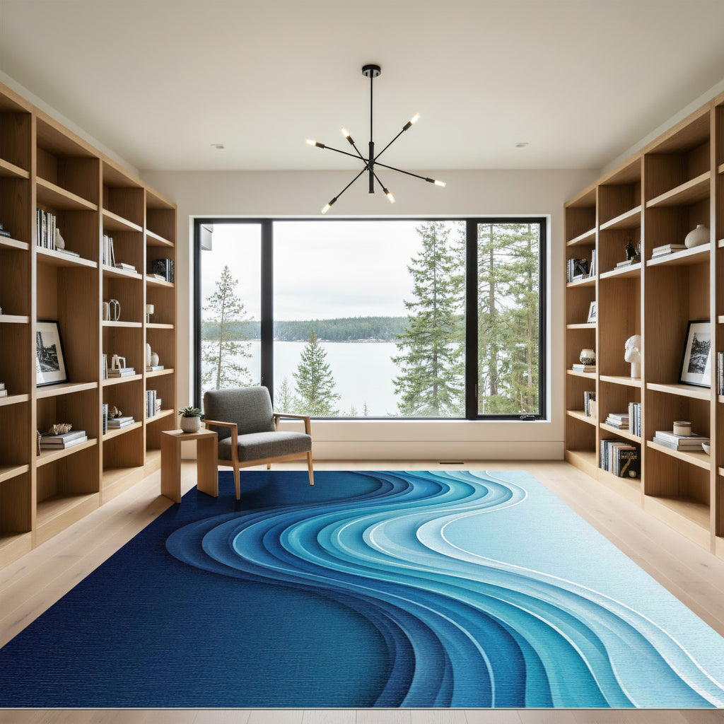 Deep Blue Gradient Wavy Layers Rug