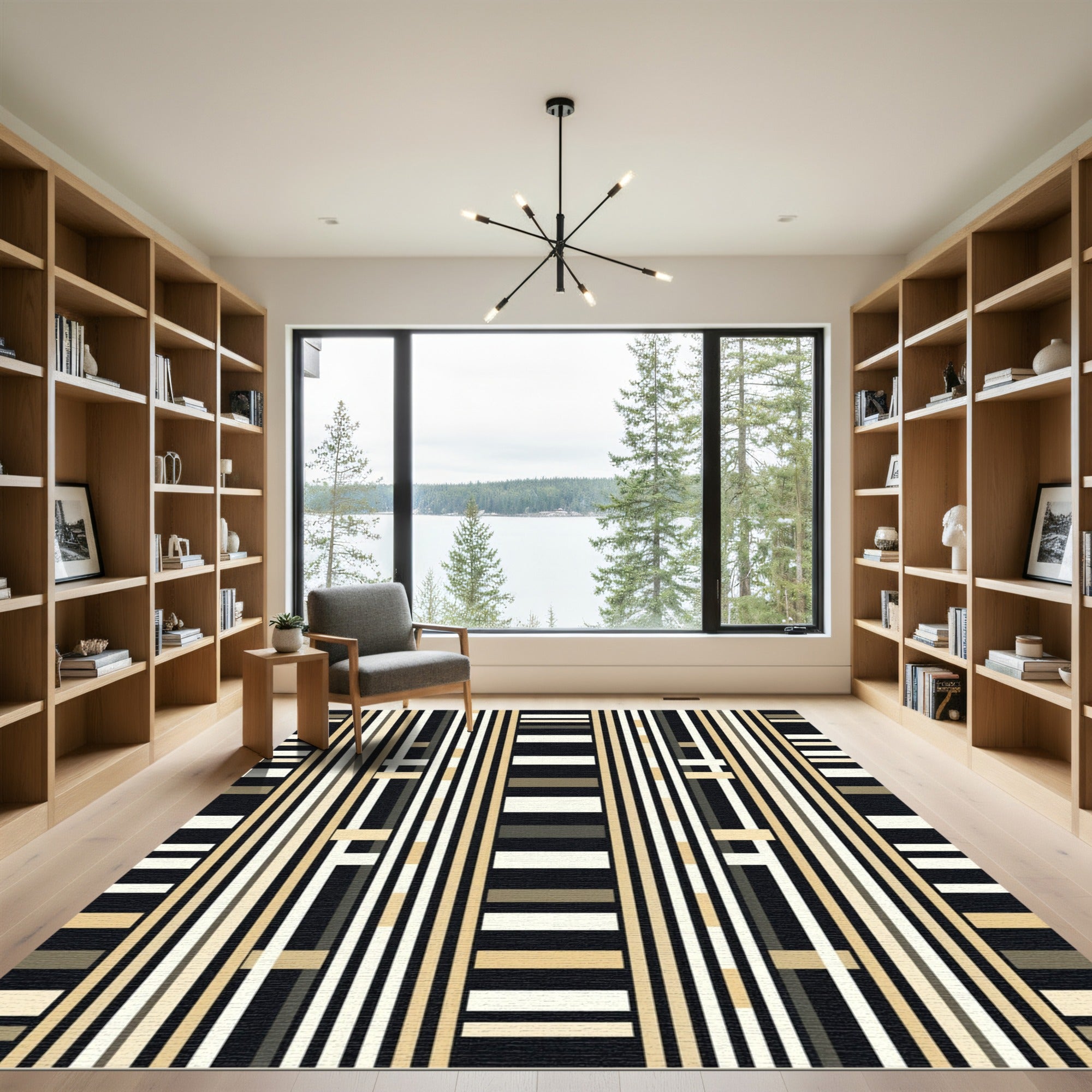 Black Tan White Rectangular Stripe Rug