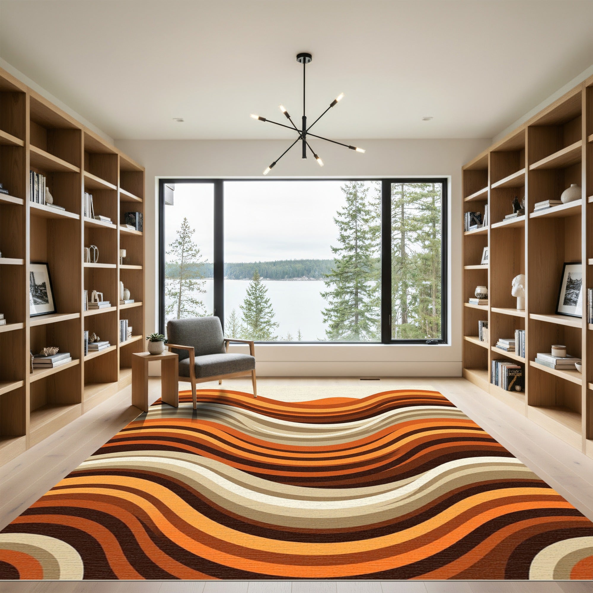 Retro Wavy Burnt Orange Brown Swirl Rug