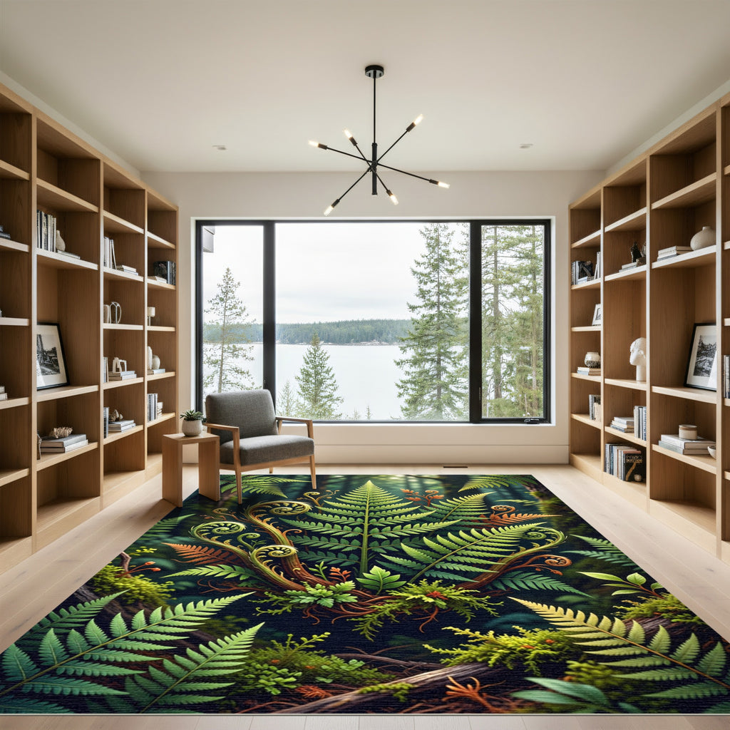 Lush Green Forest Fern Swirls Rug