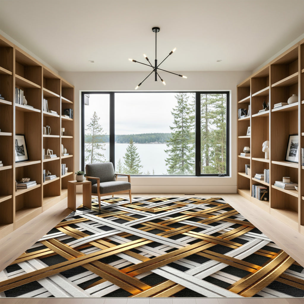 Golden White Interwoven Stripe Rug