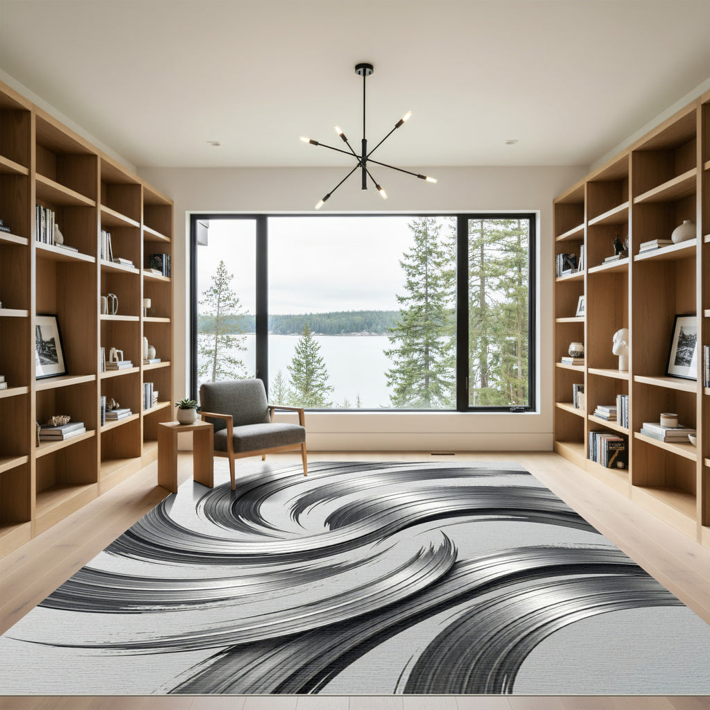 Modern Metallic Silver Abstract Swirl Rug