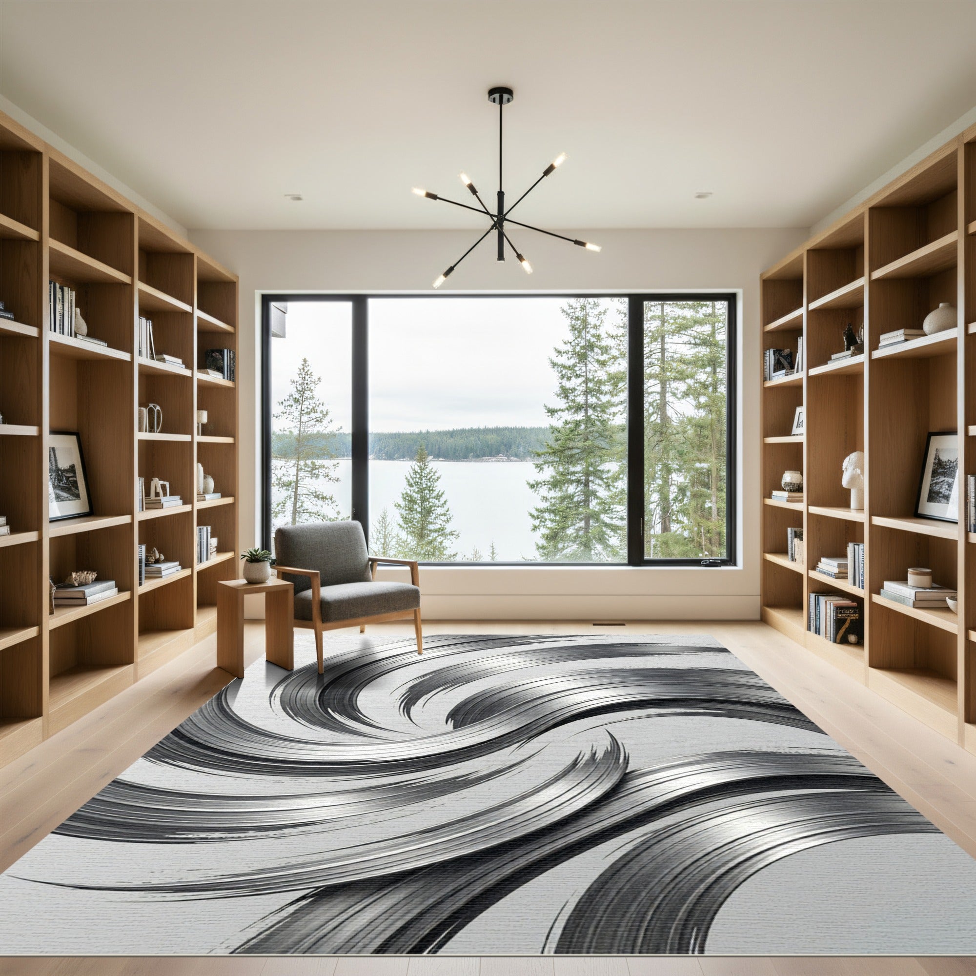 Modern Metallic Silver Abstract Swirl Rug