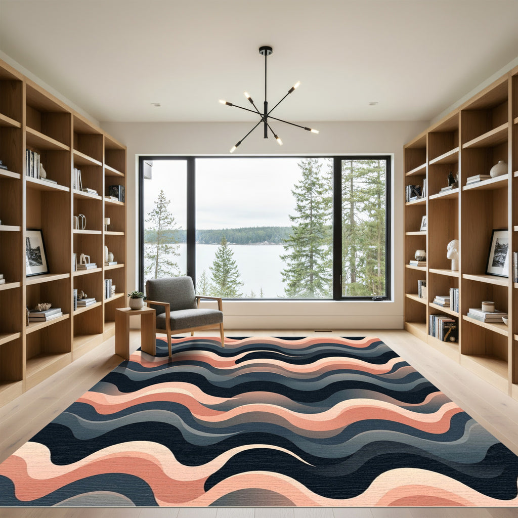 Coral Blush Gradient Wavy Lines Rug