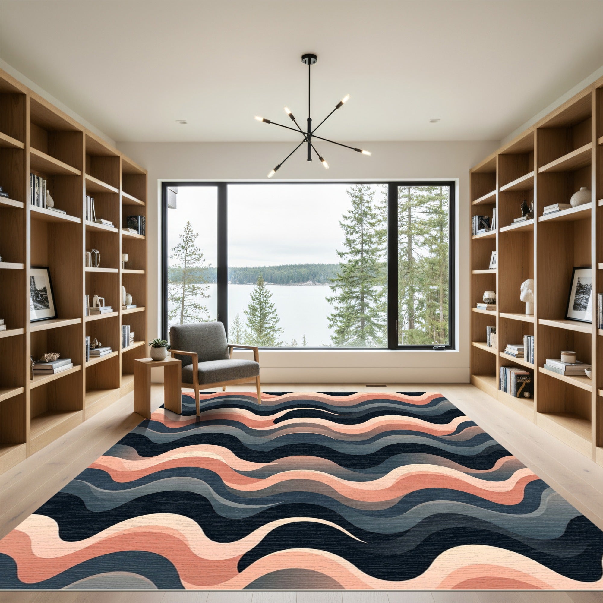 Coral Blush Gradient Wavy Lines Rug