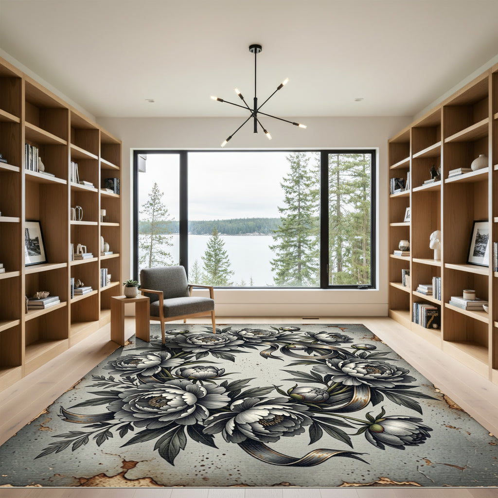 Monochrome Peony Wreath Ribbon Art Rug