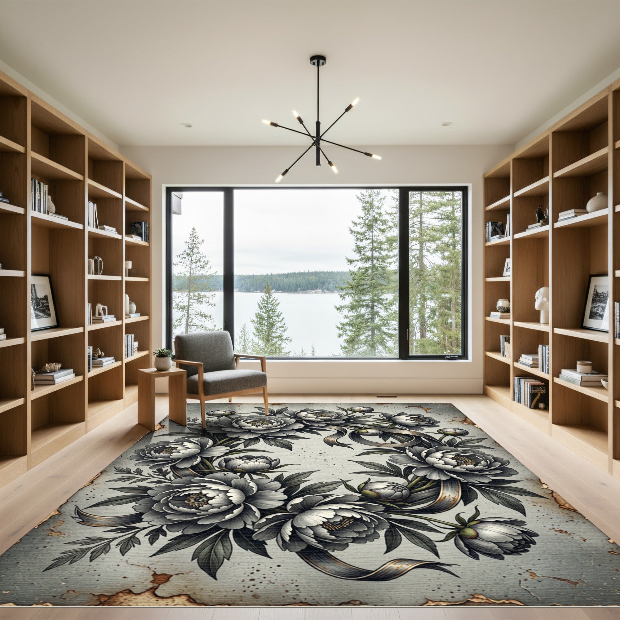 Monochrome Peony Wreath Ribbon Art Rug