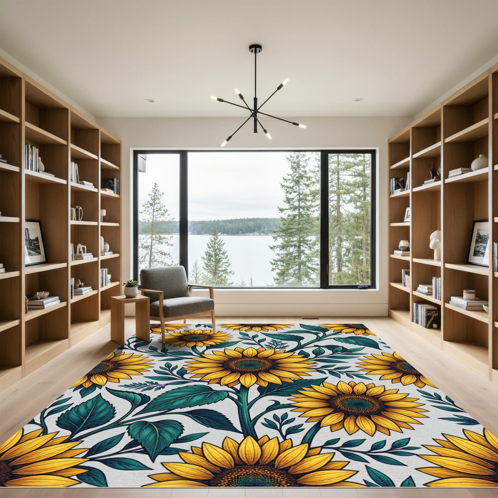 Bright Golden Sunflower Botanical Illustration Rug