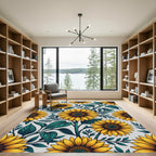 Bright Golden Sunflower Botanical Illustration Rug
