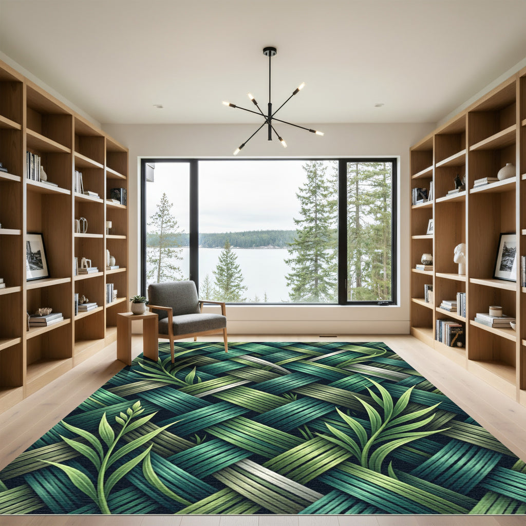 Woven Green Tropical Leaf Blend Rug