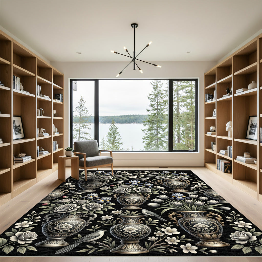 Elegant Black Floral Iris Vase Rug