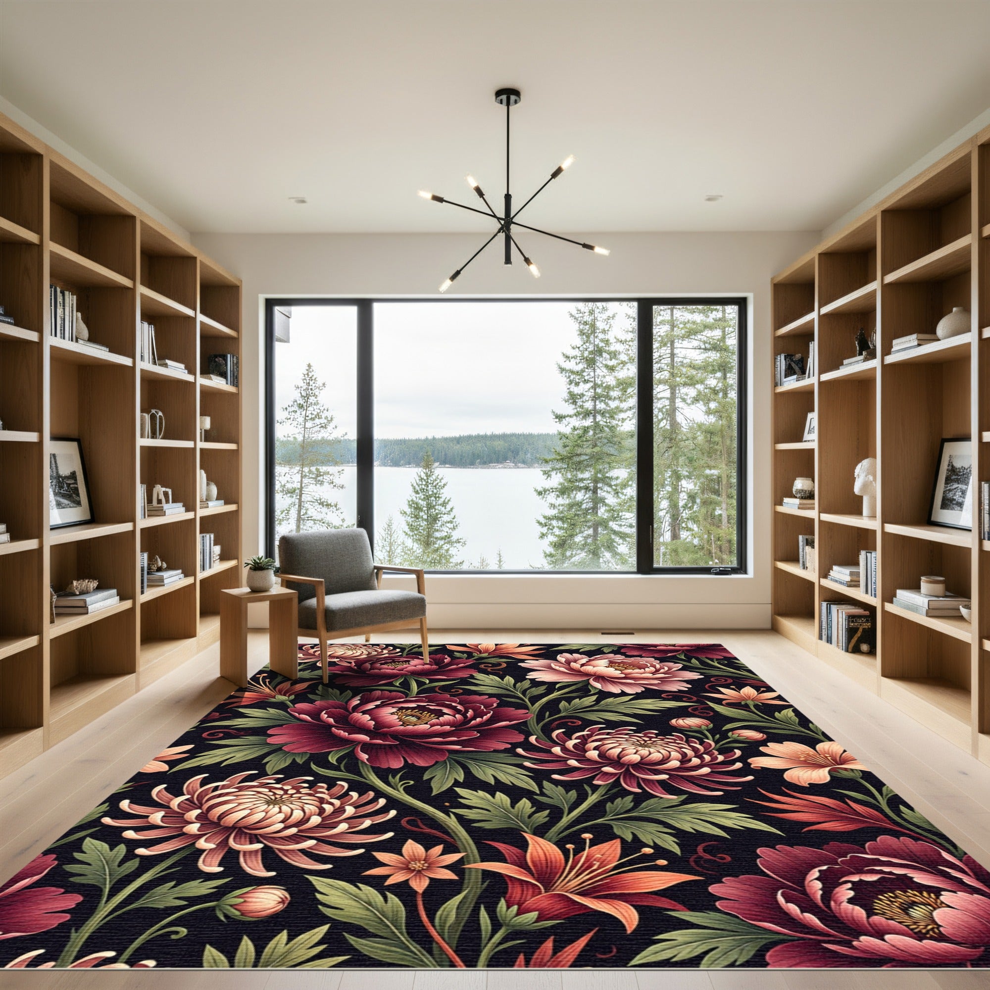 Dark Floral Vintage Peony Chrysanthemum Garden Rug