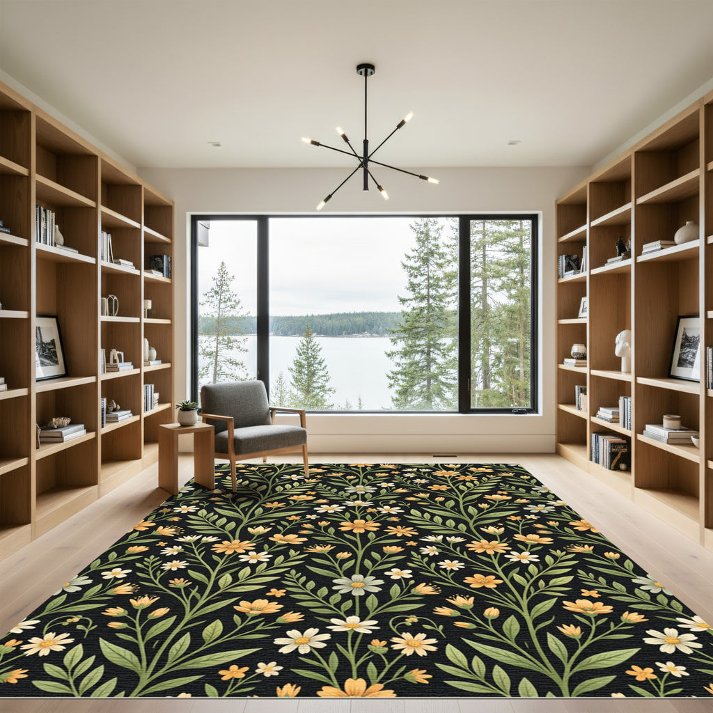 Yellow White Floral Vine Garden Rug