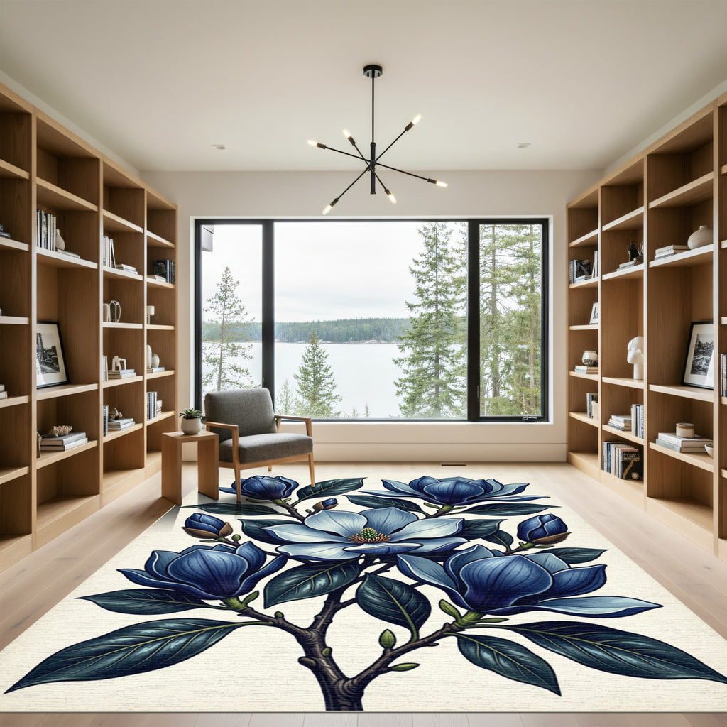 Elegant Navy Magnolia Botanical Illustration Rug