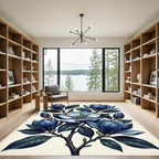 Elegant Navy Magnolia Botanical Illustration Rug
