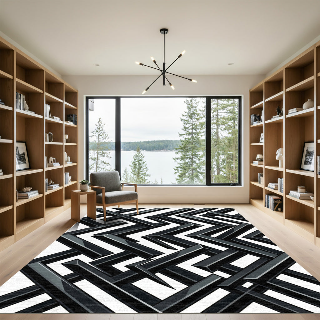 Monochrome Interlocking Rectangular Maze Rug