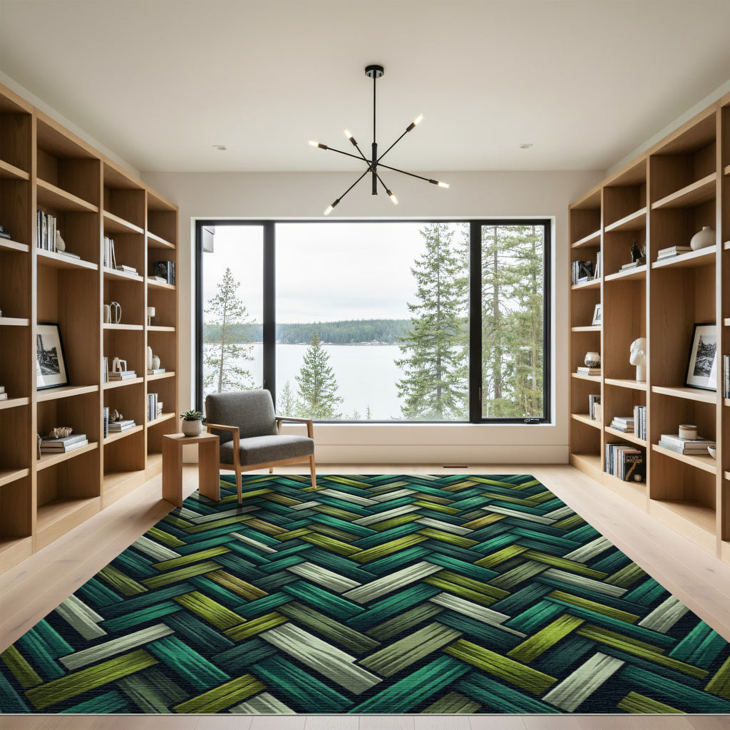 Herringbone Green Teal Wood Weave Rug