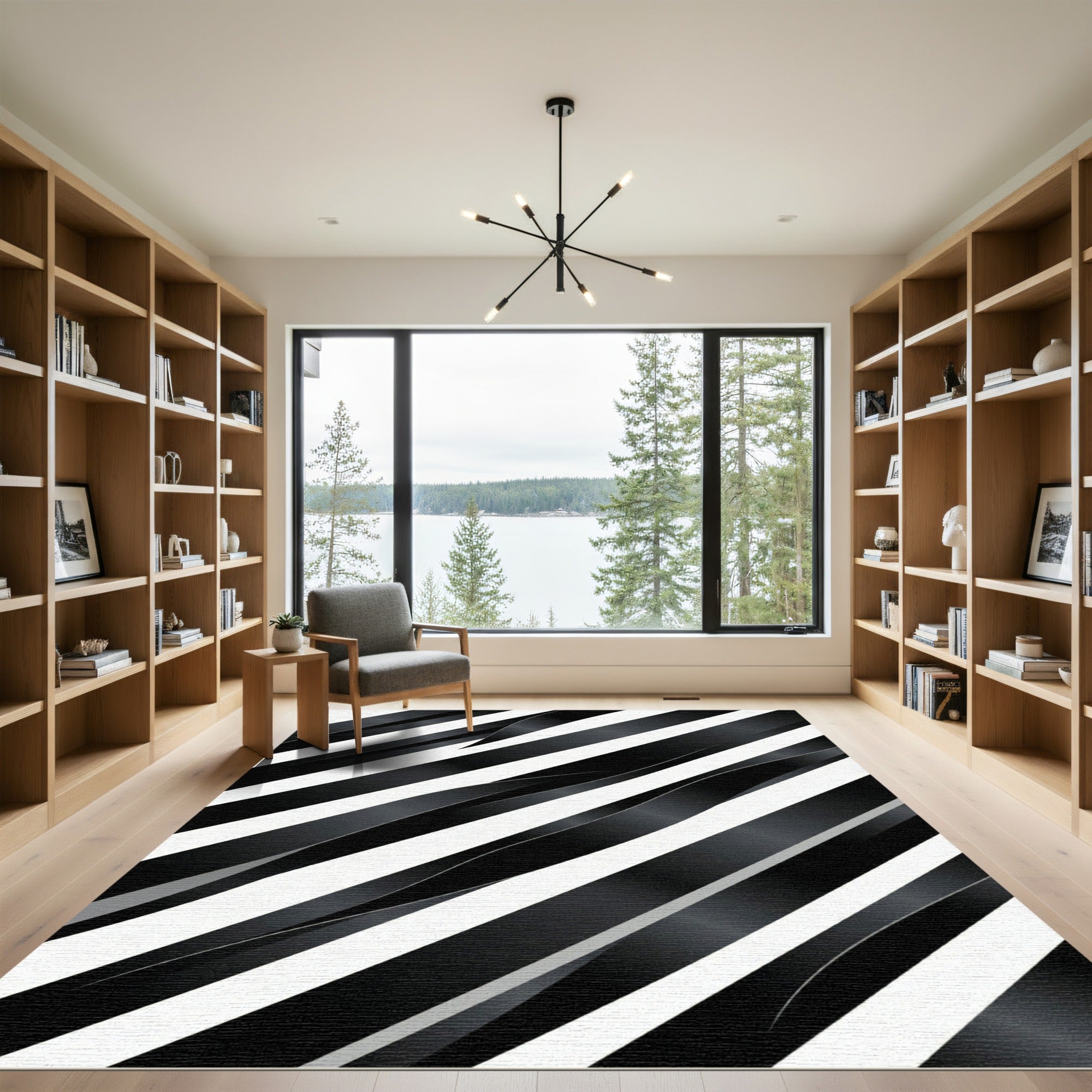 Chic Black White Diagonal Ribbon Rug