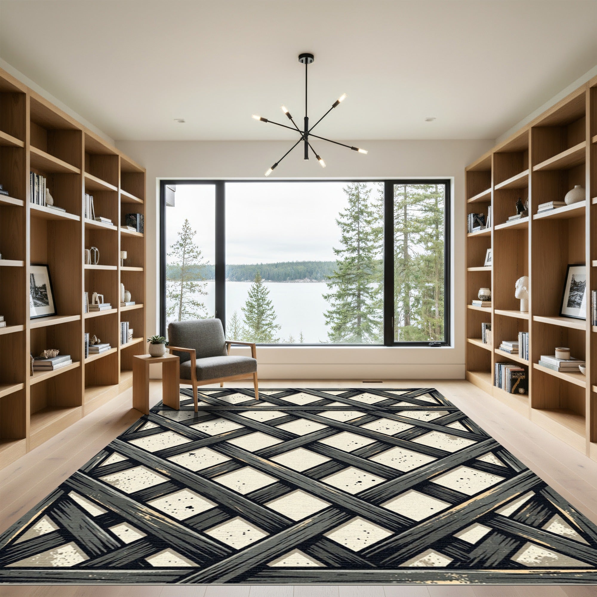 Charcoal Gray Woven Lattice Grid Rug