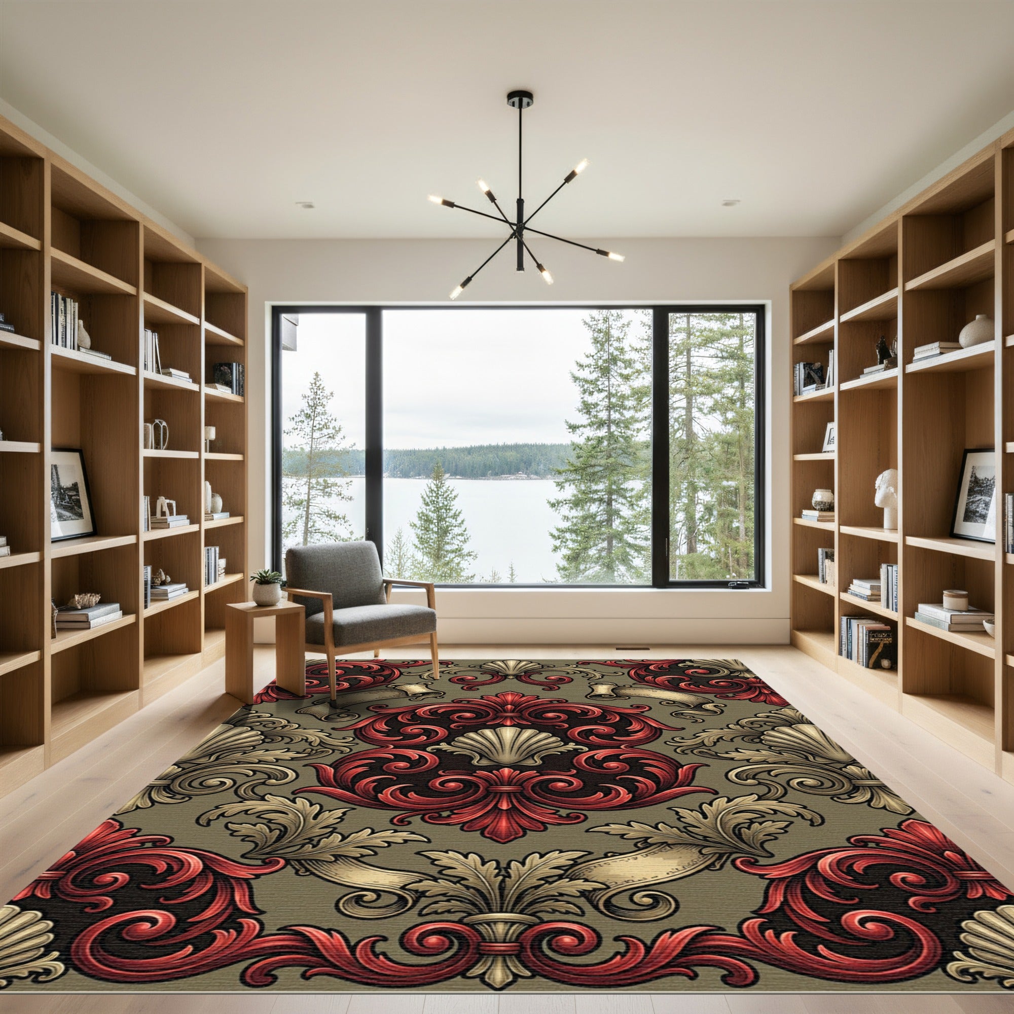 Ornate Red Gold Baroque Scroll Rug