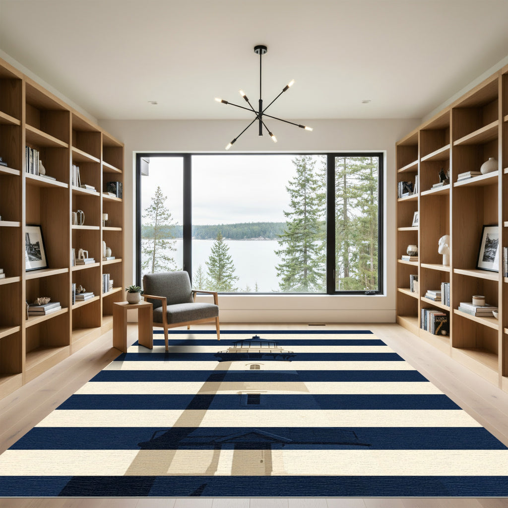 Coastal Nautical Navy Blue Lighthouse Rug