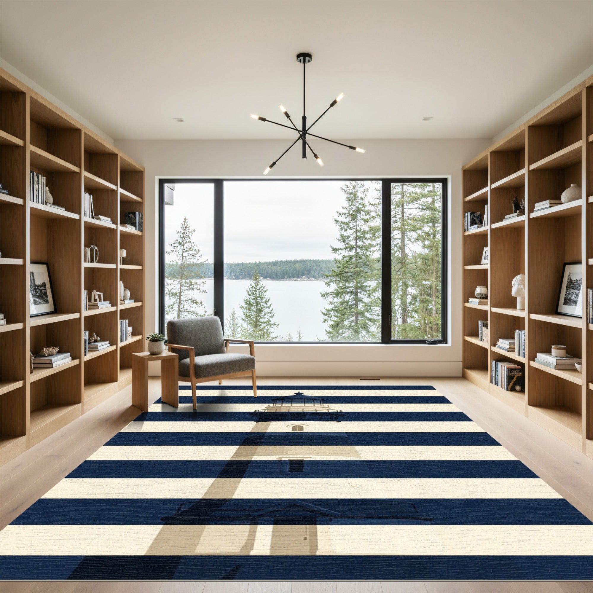 Coastal Nautical Navy Blue Lighthouse Rug