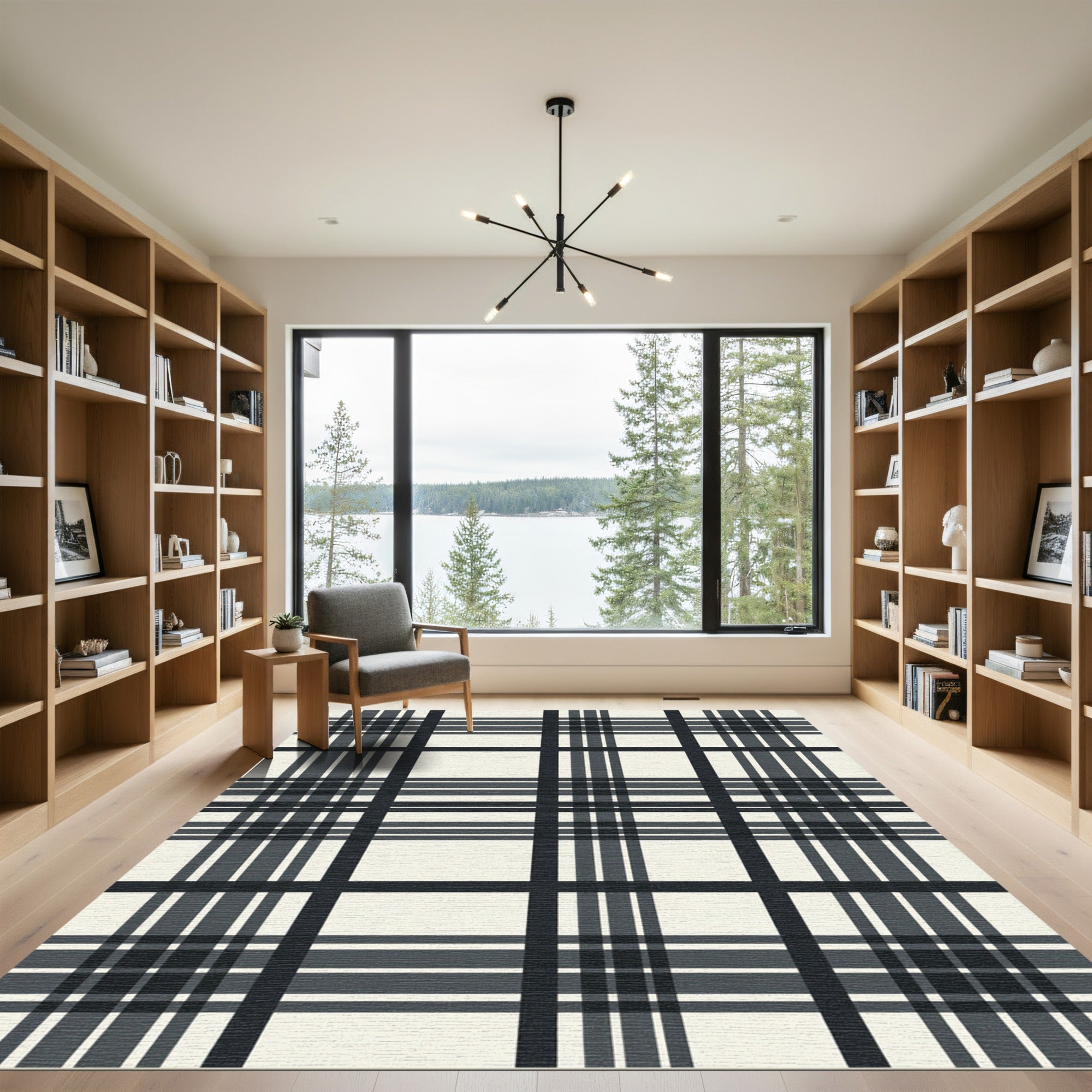 Classic Tartan Checkered Black Ivory Rug