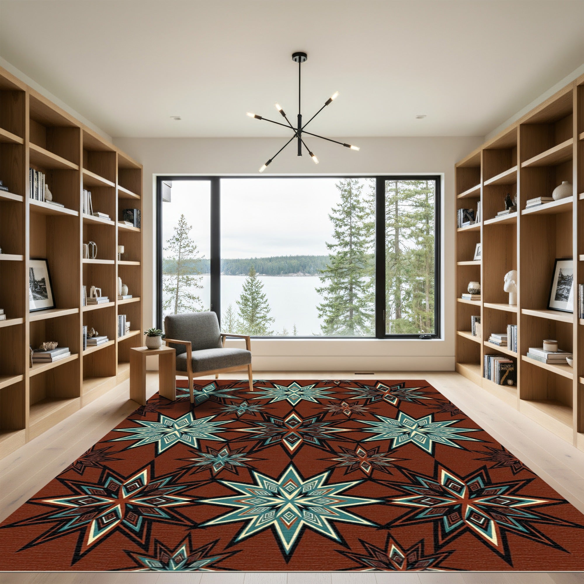 Abstract Starburst Teal and Red Harmony Rug