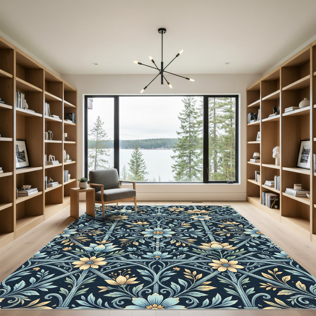 Blue Floral Gilded Trellis Art Rug