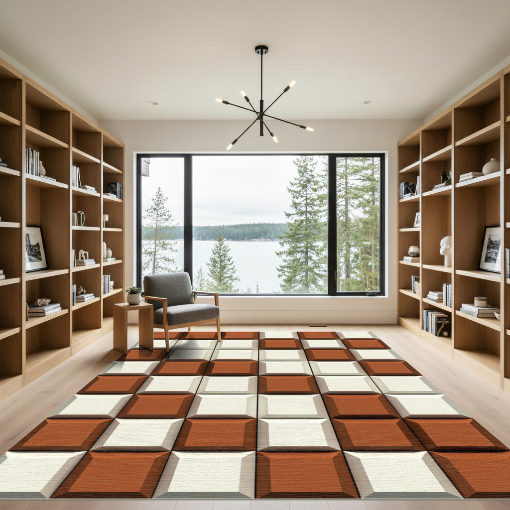 Brown White Checkerboard Geometric Tile Rug