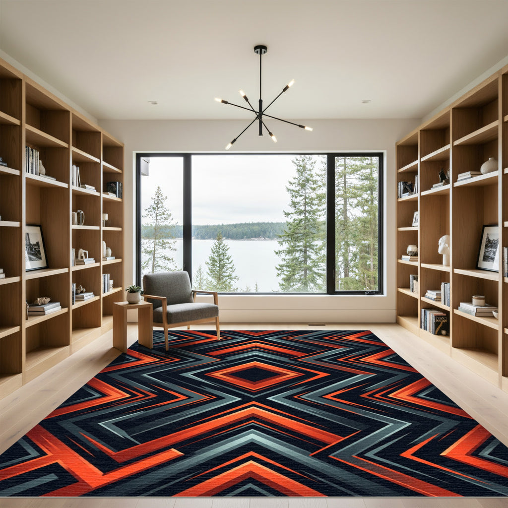 Bold Orange and Charcoal Geometric Chevron Rug