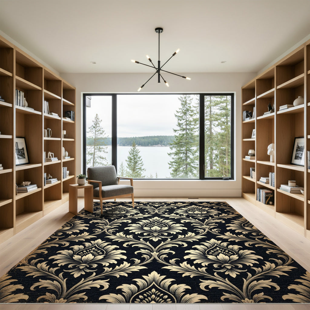 Vintage Black Damask Floral Swirl Rug