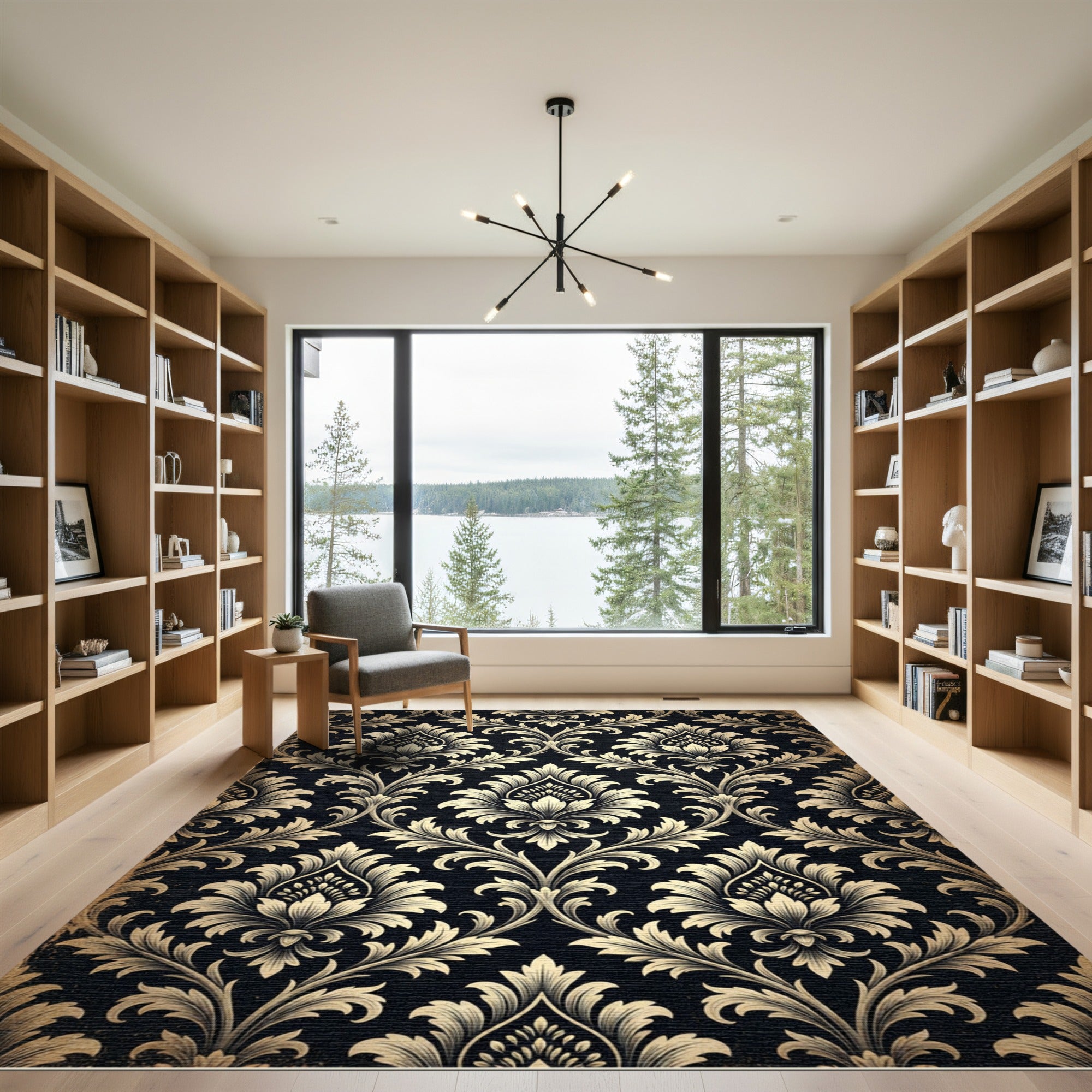 Vintage Black Damask Floral Swirl Rug