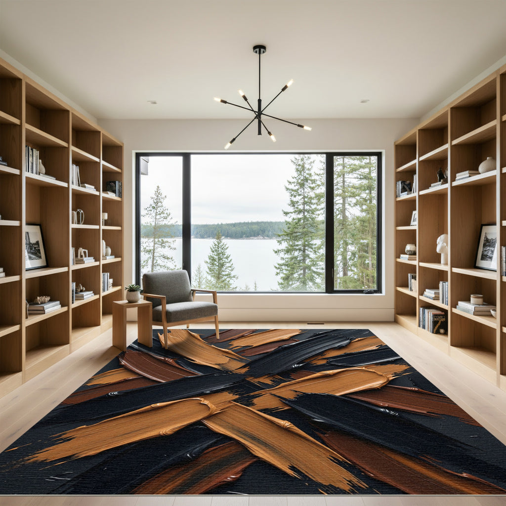 Modern Black and Bronze Brushstroke Rug